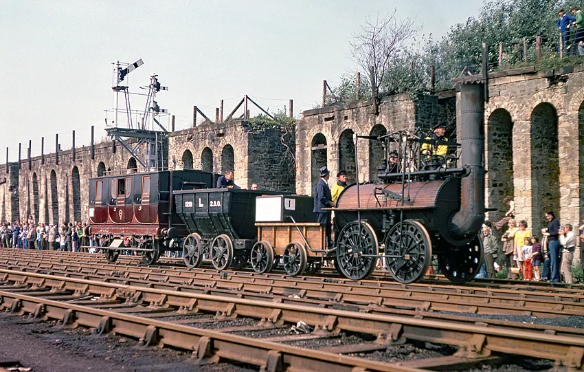 A replica of Locomotion No. 1 passes the Shildon coal drops during the Rail 150 celebrations in 1975.