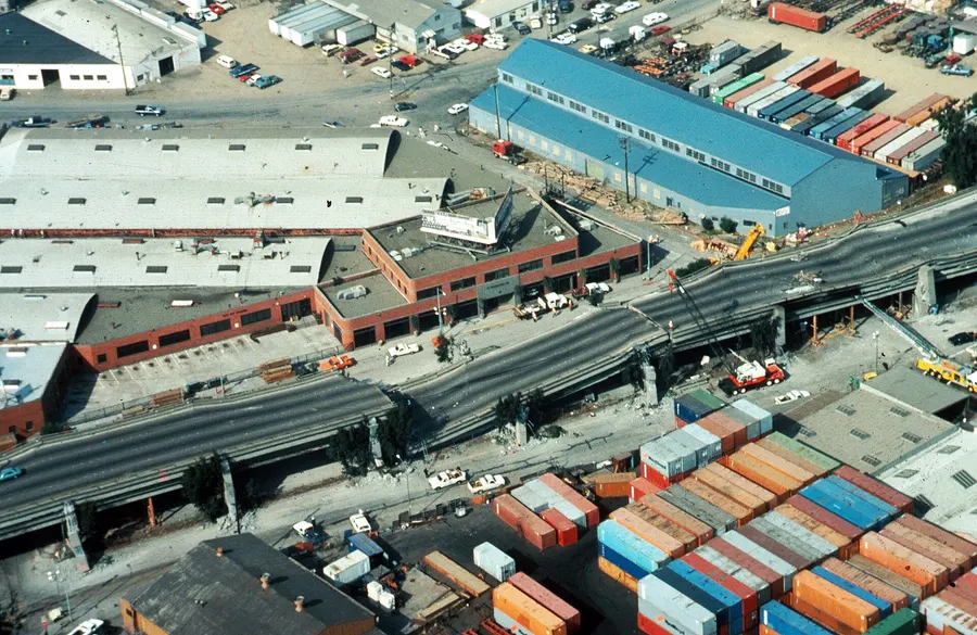 The collapsed Cypress Street viaduct in Oakland, photographed by the US Geological Survey.
