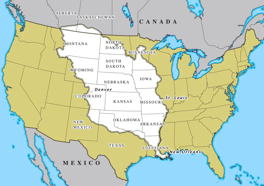 A modern map of the Louisiana Purchase (white) within the present-day United States.