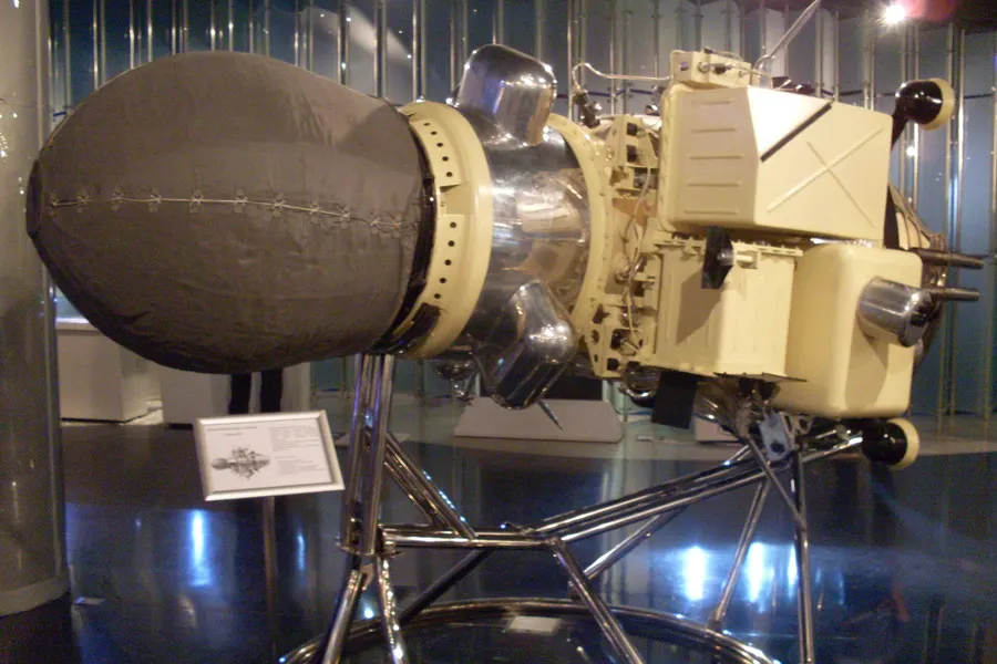 A full-size model of the Luna 9 spacecraft in the Memorial Museum of Astronautics, Moscow.