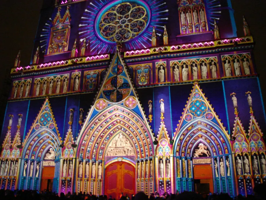 The west front of St John's Cathedral in Lyon, where the council met, lit up for the city's Festival of Lights.
