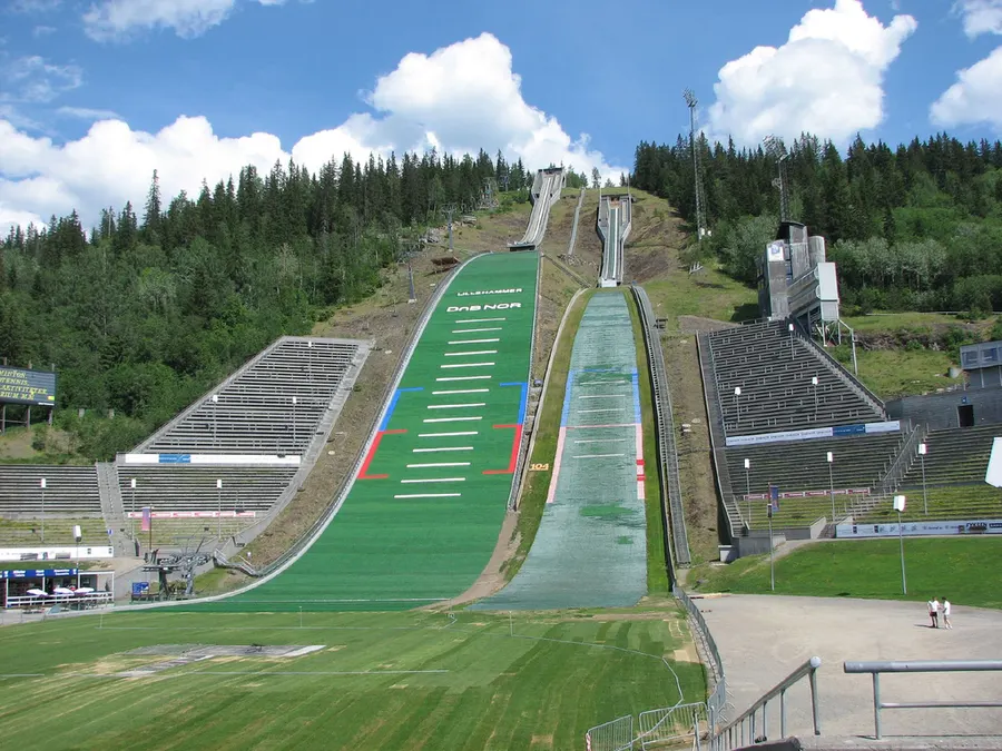 The Lysgårdsbakken ski jumps at Lillehammer, where the opening ceremony was held, in summer 2007.