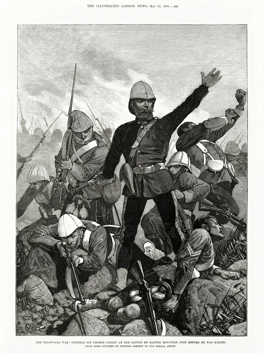 General Sir George Colley at Majuba shortly before he was killed, drawn by Melton Prior for the Illustrated London News, 1881.