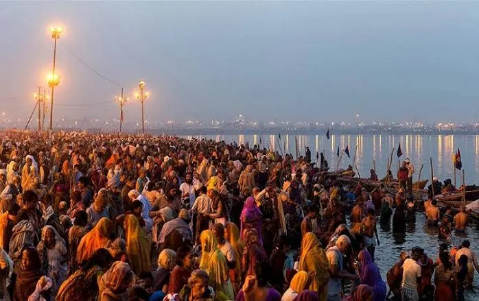 Devotees take a holy dip in the River Ganges at Makar Sankranti.