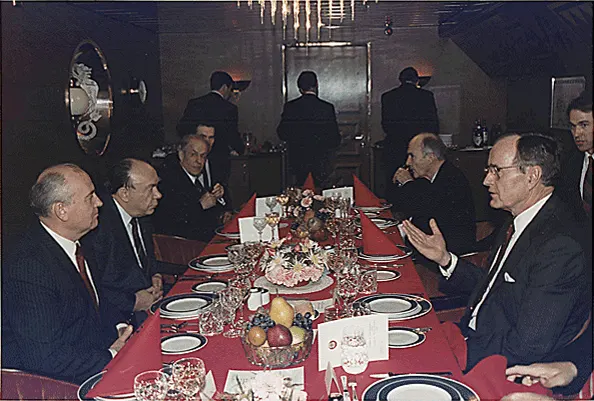 George H. W. Bush and Mikhail Gorbachev at the Malta summit, 2 December 1989.