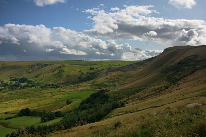 Mam Tor in the Peak District, with Winnats Pass in the distance.