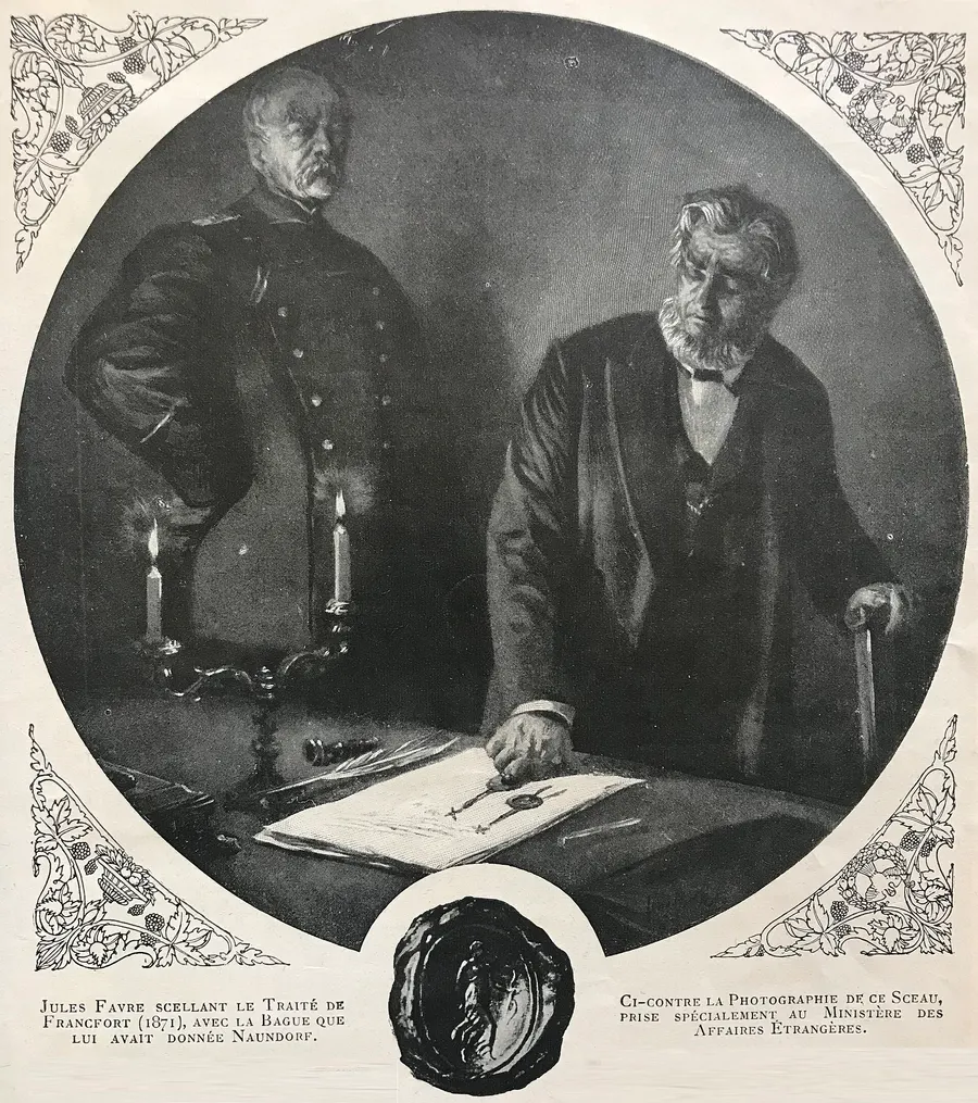 Jules Favre putting his seal on the Treaty of Frankfurt, in a picture published in 1906.