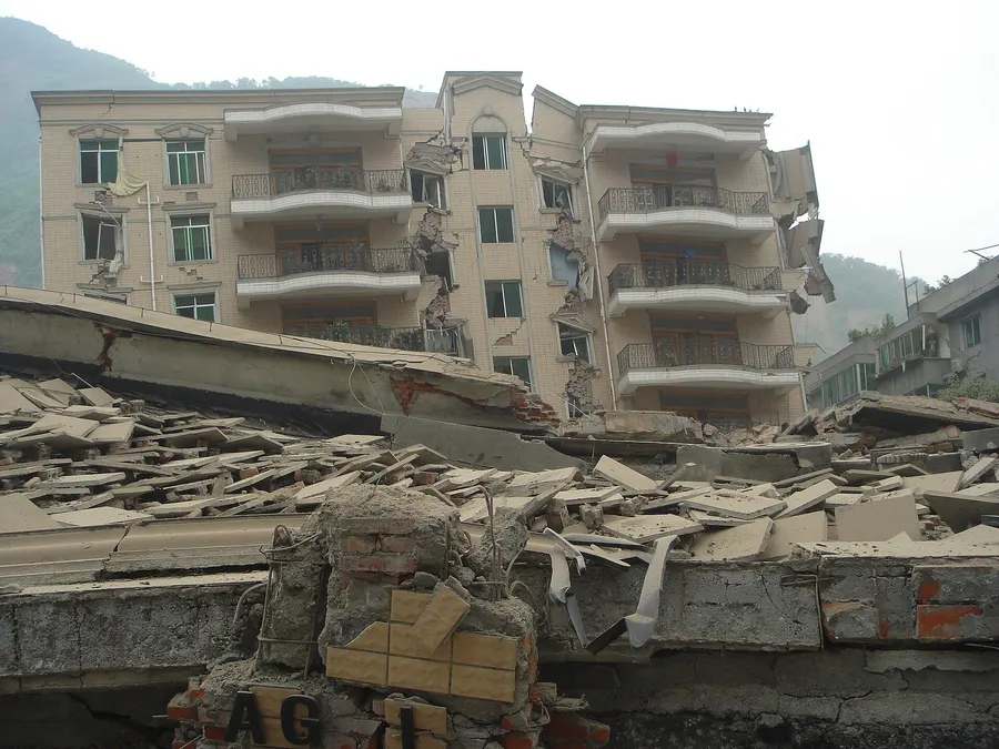 A damaged bank building in Beichuan, Sichuan, after the 2008 earthquake