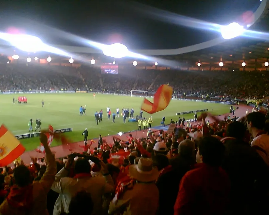 Hampden Park, Glasgow, under floodlights at the 2007 UEFA Cup final.