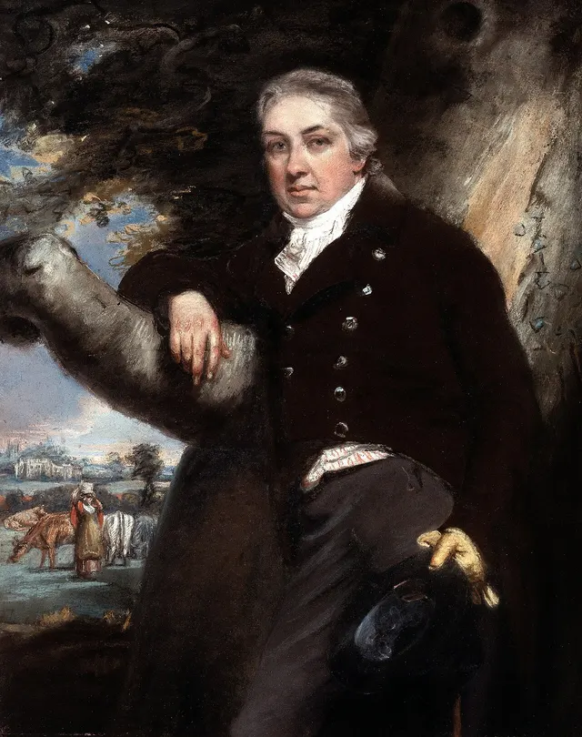 Edward Jenner, with a country scene behind him, after a portrait by John Raphael Smith.