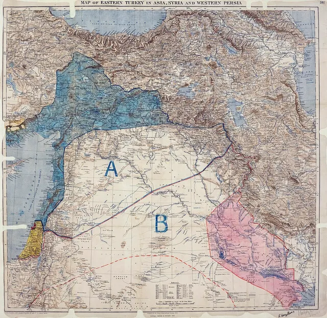 A map of the 1916 Sykes-Picot agreement, marking the zones Britain and France planned to control