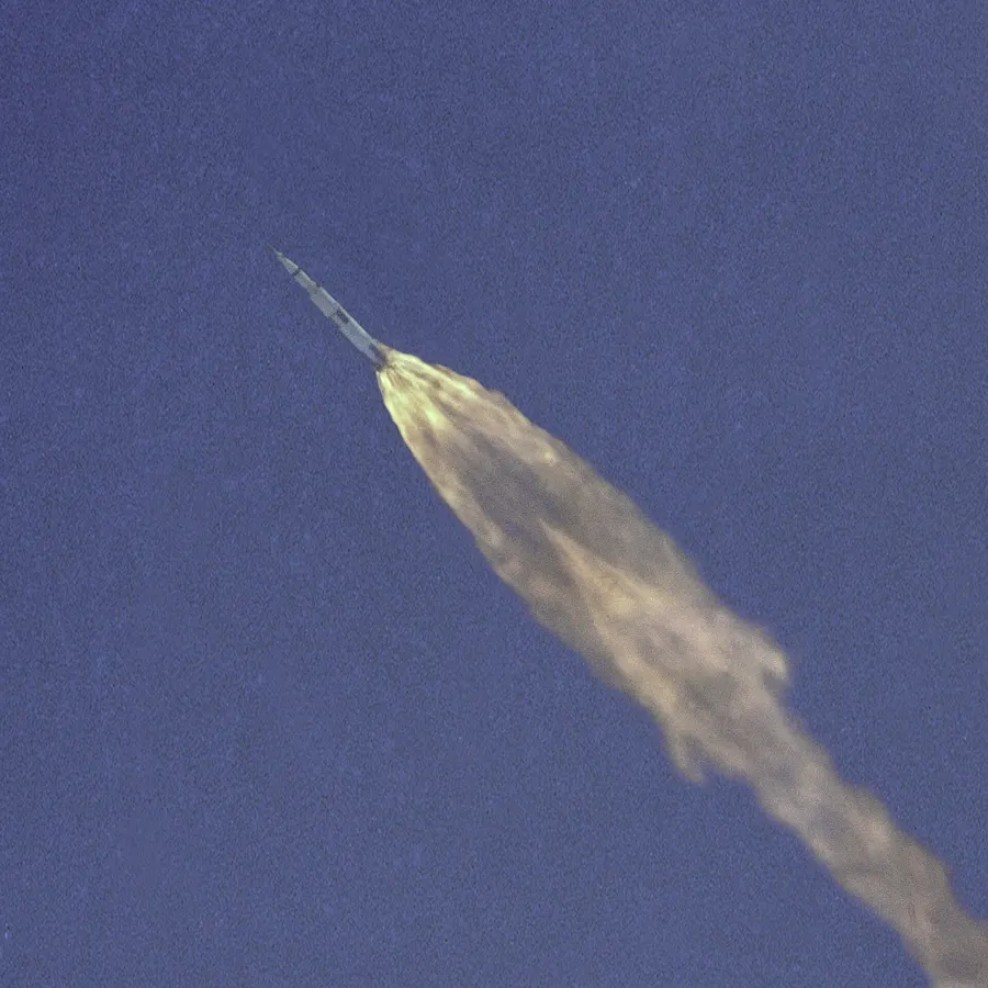 Apollo 10's Saturn V rocket climbing into the sky after launch on 18 May 1969