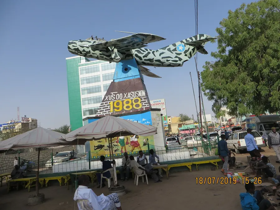 The Hargeisa War Memorial, a downed fighter jet on a plinth in the Somaliland capital, photographed in 2019