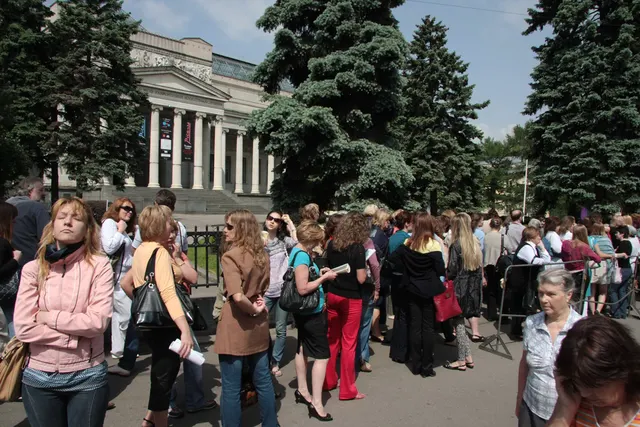 Visitors queuing outside the Pushkin Museum in Moscow on International Museum Day