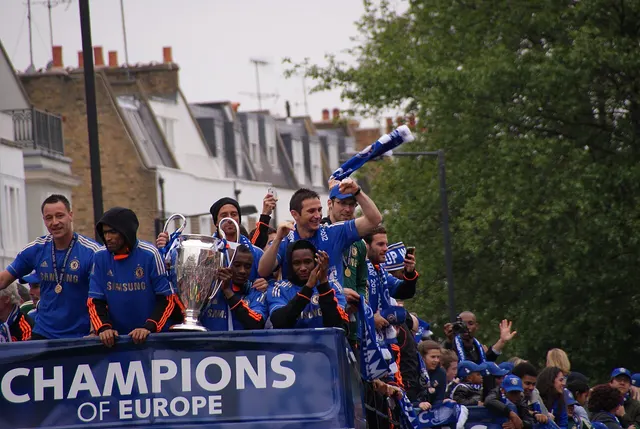 Chelsea players parade the European Cup through London after their 2012 win