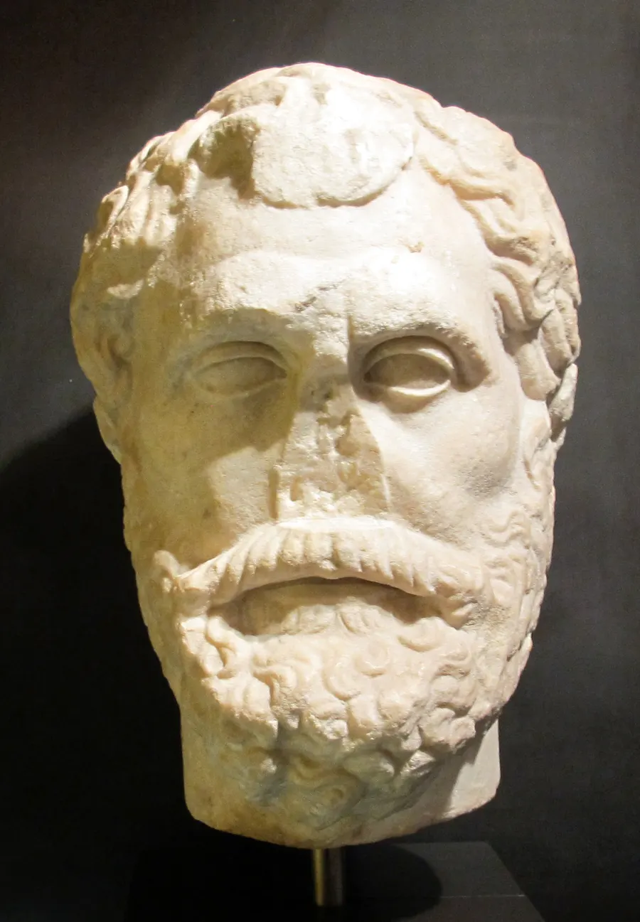 A Roman marble head traditionally identified as Thales of Miletus, in the Palazzo Medici Riccardi, Florence; no portrait from his lifetime survives