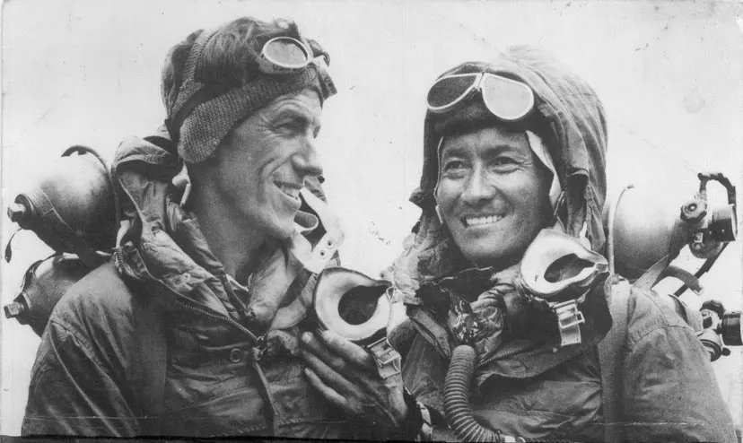 Tenzing Norgay and Edmund Hillary after completing the first ascent of Mount Everest, 29 May 1953
