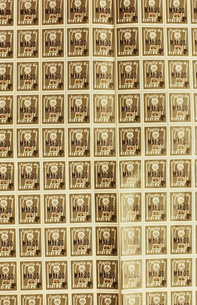 A sheet of Biafran stamps inscribed "Republic of Biafra, May 30", the day independence was declared