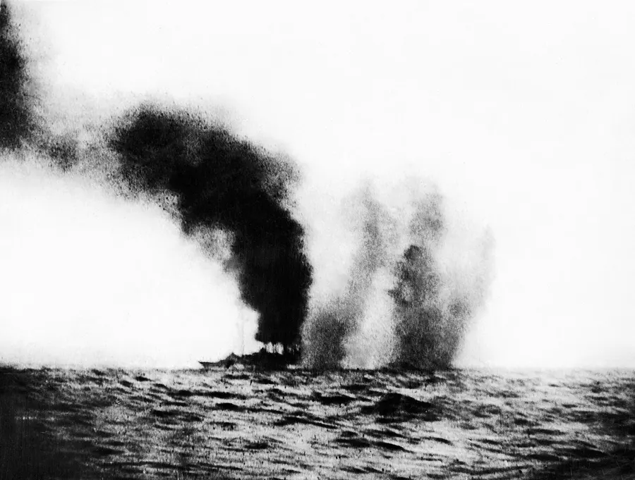 The light cruiser HMS Birmingham under fire from the German High Seas Fleet at Jutland, 31 May 1916