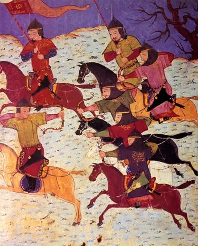 Mongol horsemen in a 14th-century Persian manuscript, the Jami al-tawarikh of Rashid al-Din
