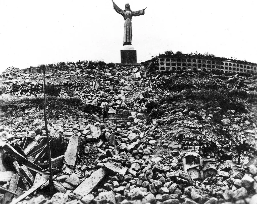 The statue of Christ on Cemetery Hill, which with four palm trees was nearly all that remained of Yungay, photographed in 1970