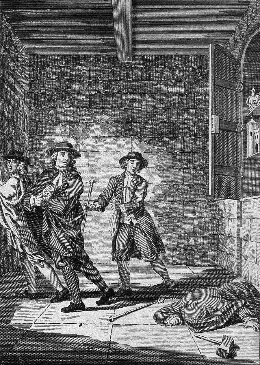 A late 18th-century print showing Thomas Blood's theft of the Crown Jewels