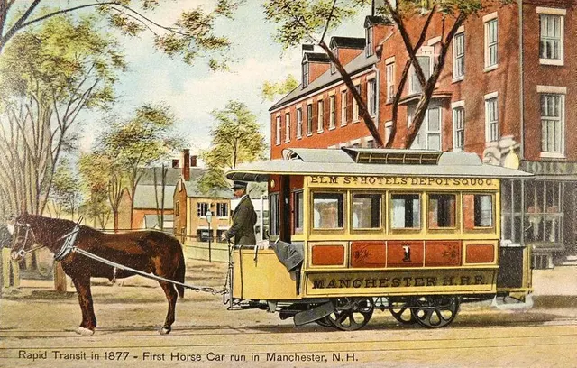 The first horse-drawn tram in Manchester, New Hampshire, on an old postcard: a tram of the same era as Bombay's.