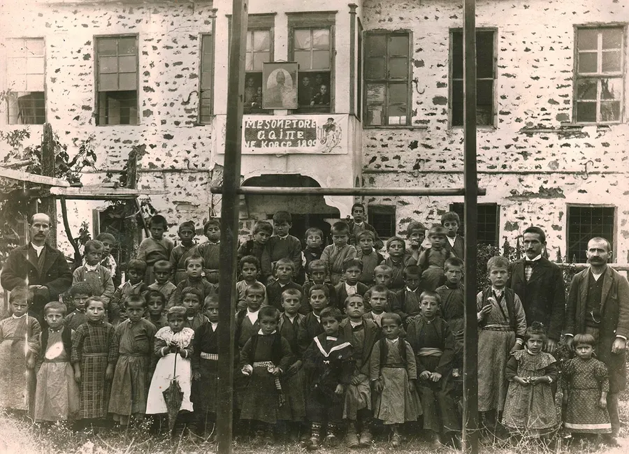 Pupils outside the Mësonjëtorja, the first Albanian-language school, in Korçë, 1899.