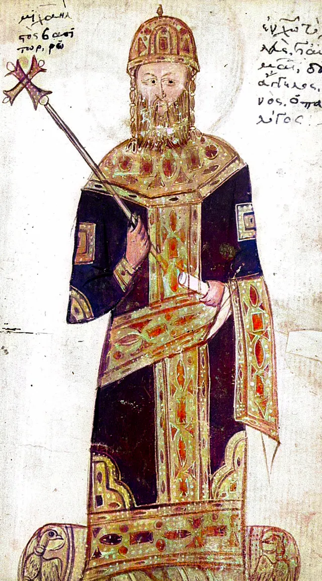 Michael VIII Palaiologos, the emperor of Nicaea who recovered Constantinople, in a medieval manuscript miniature