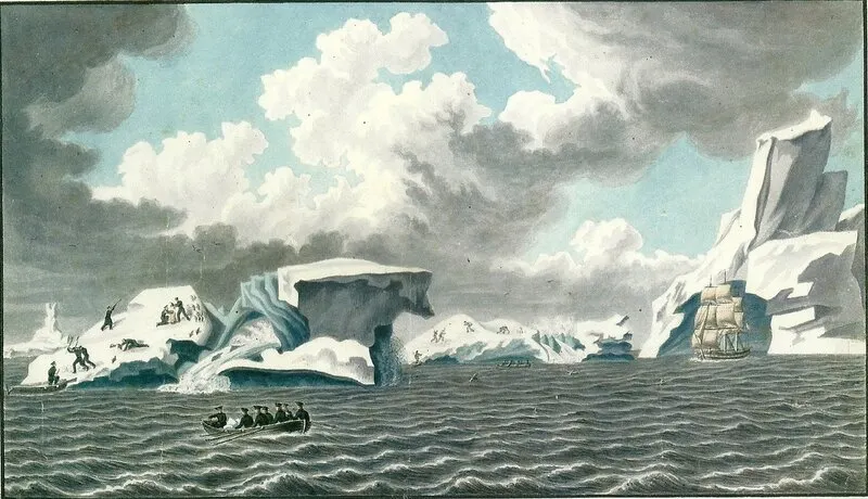 Ice islands in the Southern Ocean, drawn about 1820 by Pavel Mikhailov, the artist on Bellingshausen's expedition.