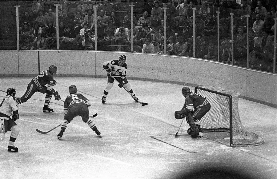 The United States play the Soviet Union at Lake Placid on 22 February 1980, with Mike Ramsey (5) on the puck.