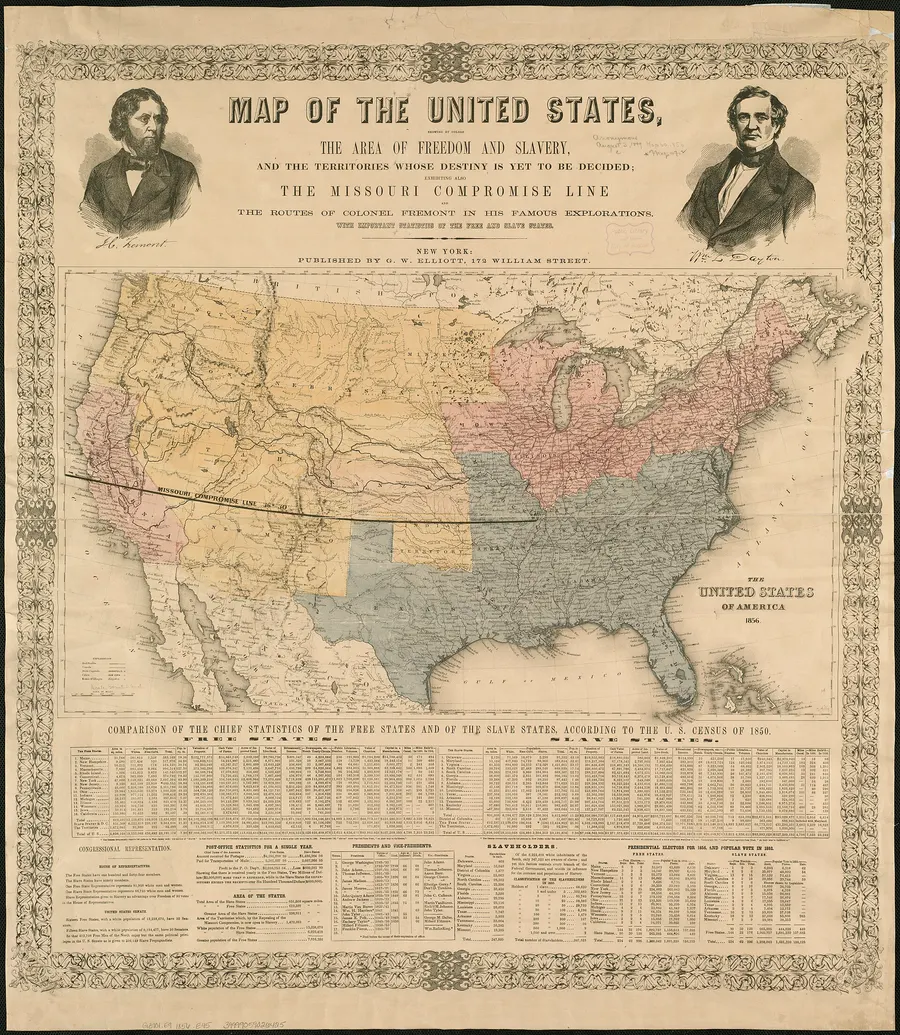 An 1856 map of the United States showing free and slave states and the Missouri Compromise line.