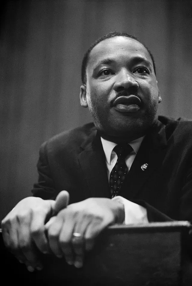 Martin Luther King Jr. at a press conference, 26 March 1964.