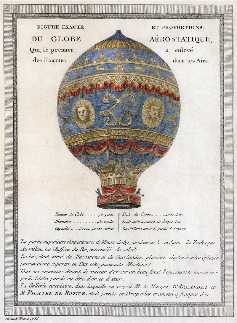 The Montgolfier balloon that first carried people through the air, in a French print of 1786.
