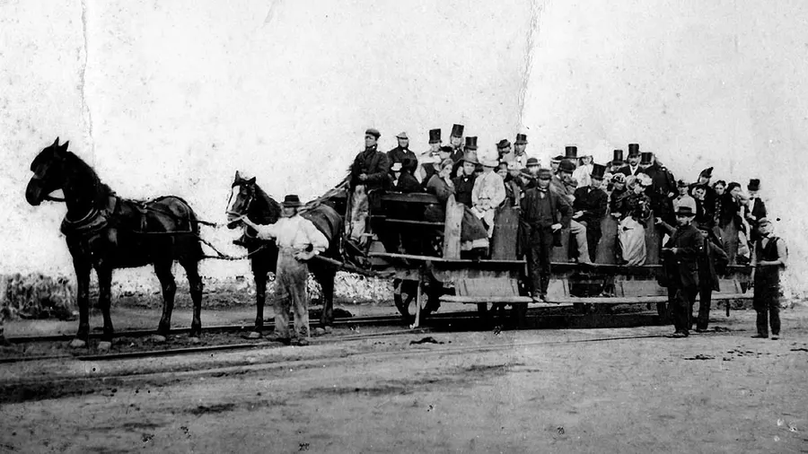 A horse-drawn tram on the Swansea and Mumbles Railway in 1897.