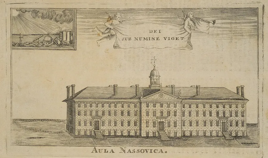 An early engraving of Nassau Hall, the college's first building at Princeton.