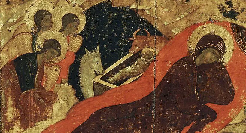 The Nativity, a detail of an icon attributed to Andrei Rublev, 1405, in the Annunciation Cathedral of the Moscow Kremlin.