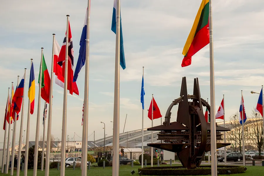 Members' flags at the entrance to NATO's headquarters in Brussels, 2016.
