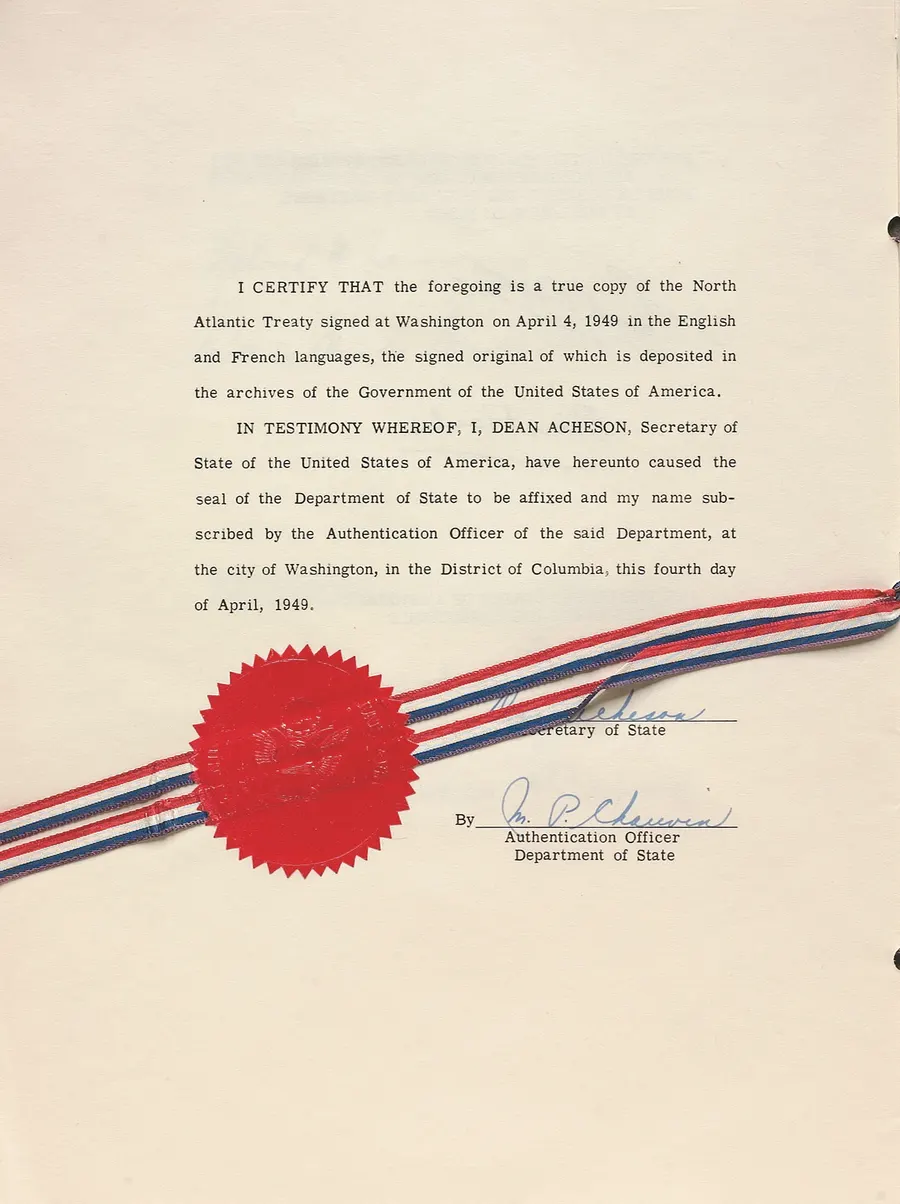 The authentication page of an official copy of the North Atlantic Treaty, signed and sealed by the US Secretary of State Dean Acheson.