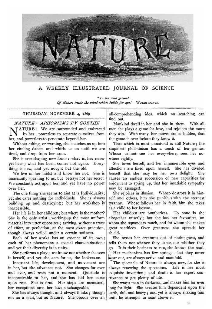 The cover of the first issue of Nature, 4 November 1869.