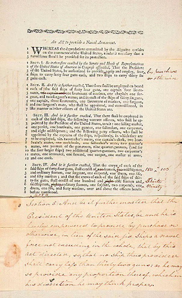The first page of the Senate's bill 'to provide a naval armament', March 1794.