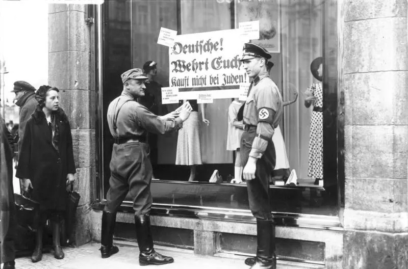 Nazis put up posters on the windows of Jewish shops in Berlin on 1 April 1933.