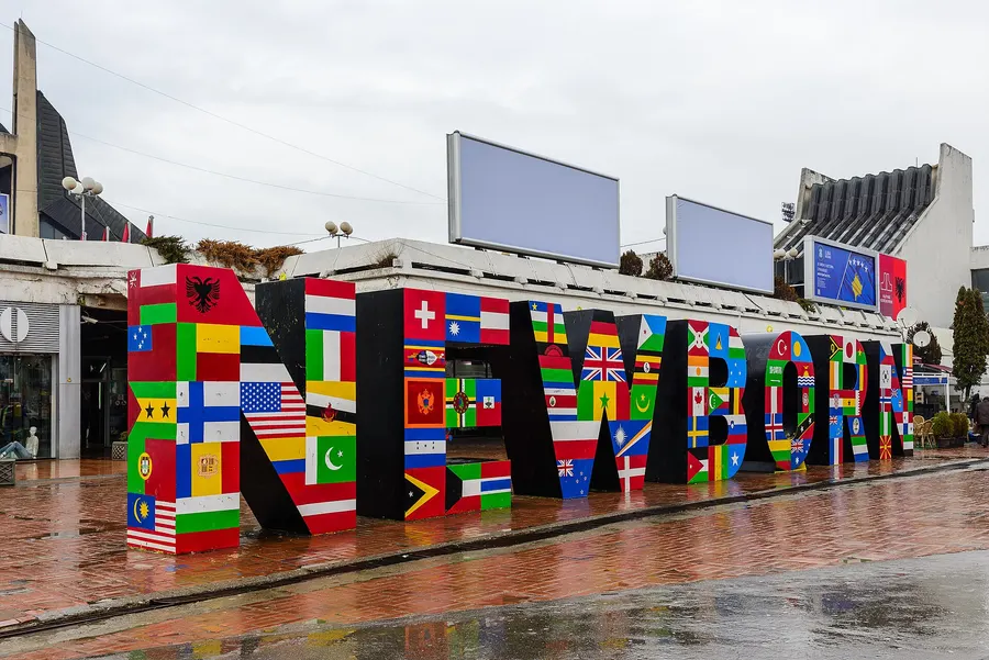 The NEWBORN monument in Pristina, unveiled on the day of independence, repainted with the flags of countries that recognise Kosovo, in February 2013.