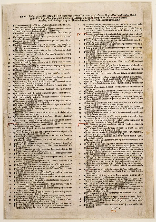 A printed edition of the Ninety-five Theses from 1517.