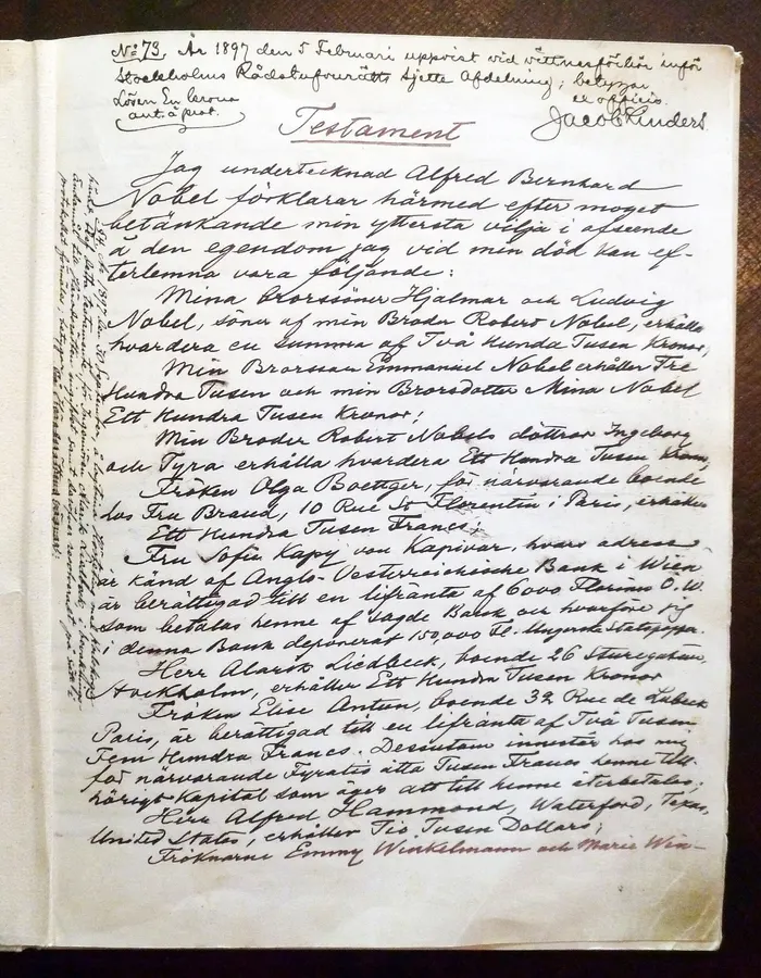 The first page of Alfred Nobel's handwritten will of 1895