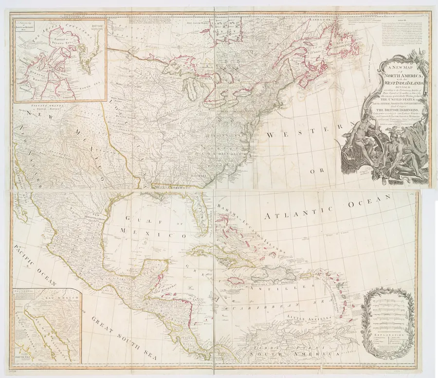 A map of North America and the West Indies 'divided according to the preliminary articles of peace, signed at Versailles, 20 Jan. 1783', published in London by Laurie and Whittle.
