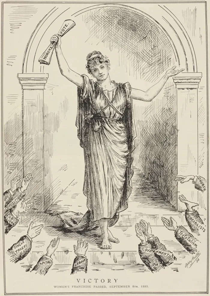 'Victory', a cartoon in the New Zealand Graphic celebrating the passing of women's franchise, September 1893.