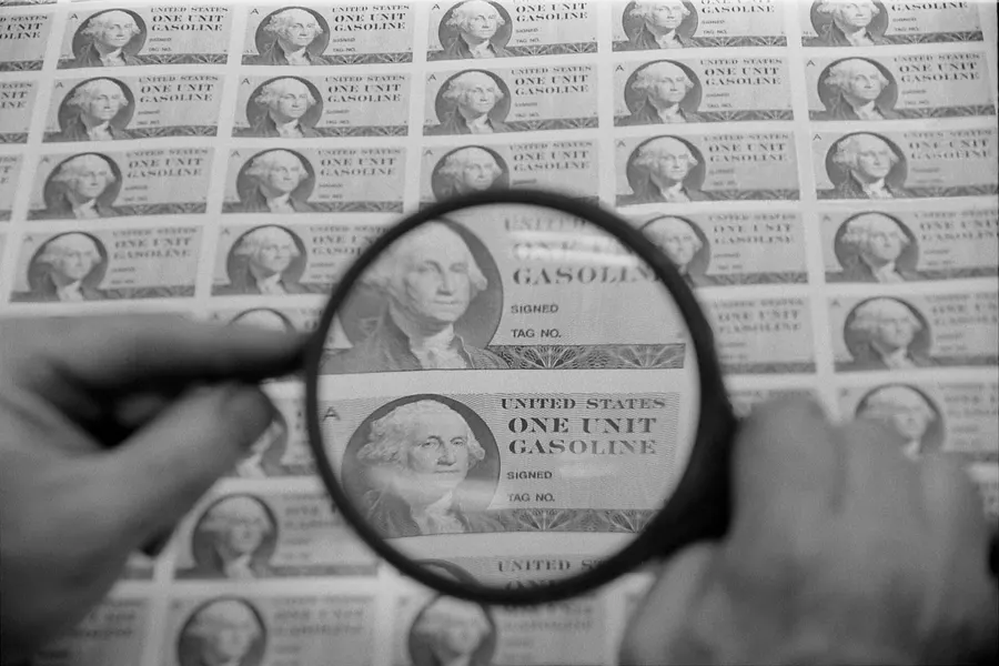 Petrol ration coupons printed in the United States during the 1973-74 oil crisis.
