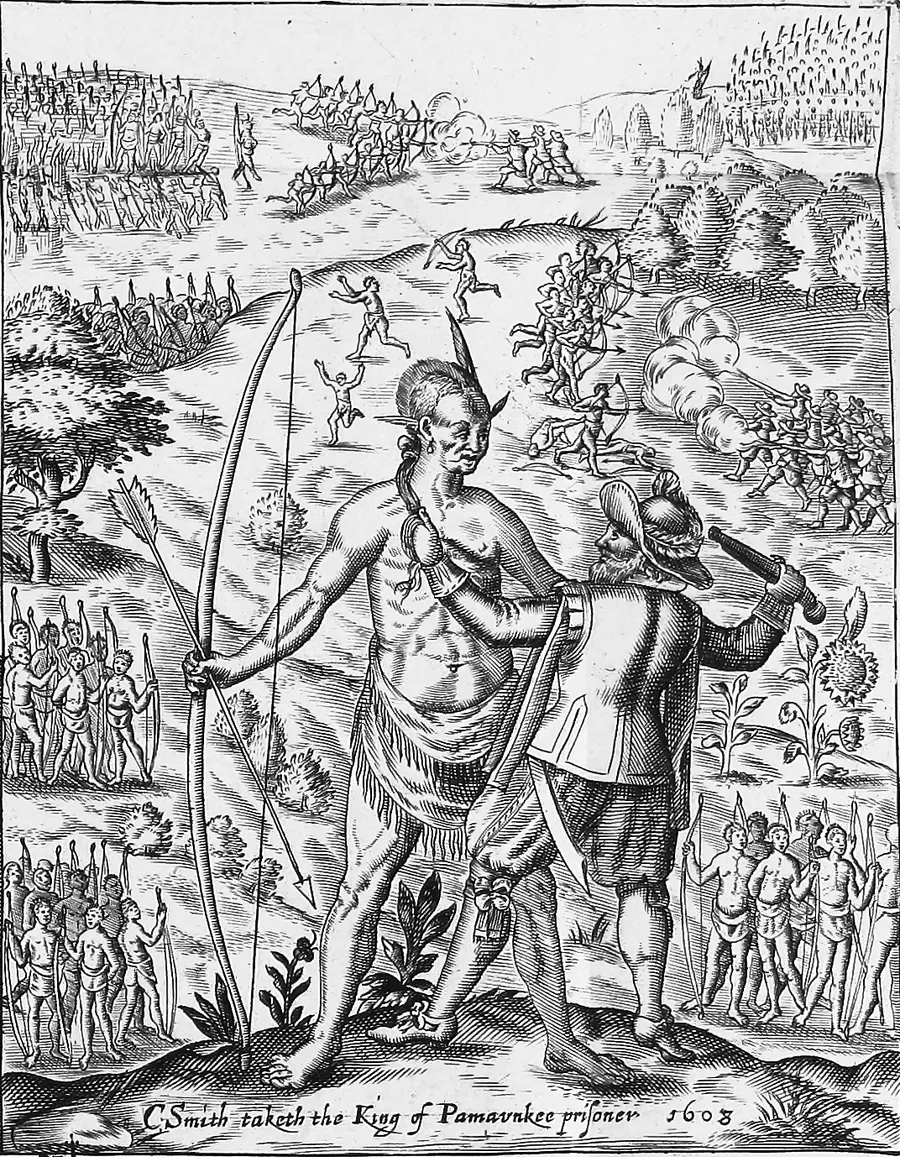John Smith seizing Opechancanough, chief of the Pamunkey, in 1608, in a 17th-century engraving.