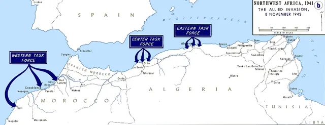 Map of the Allied landings in Morocco and Algeria, 8 November 1942.